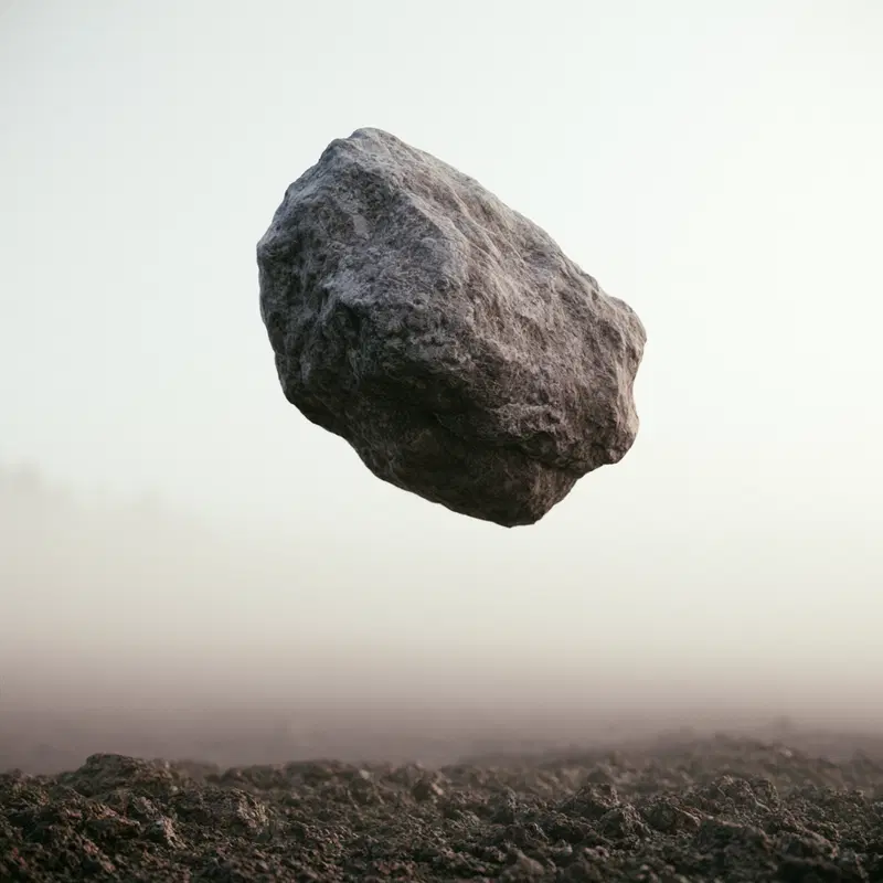 Large rock floating mysteriously above a rugged, foggy landscape