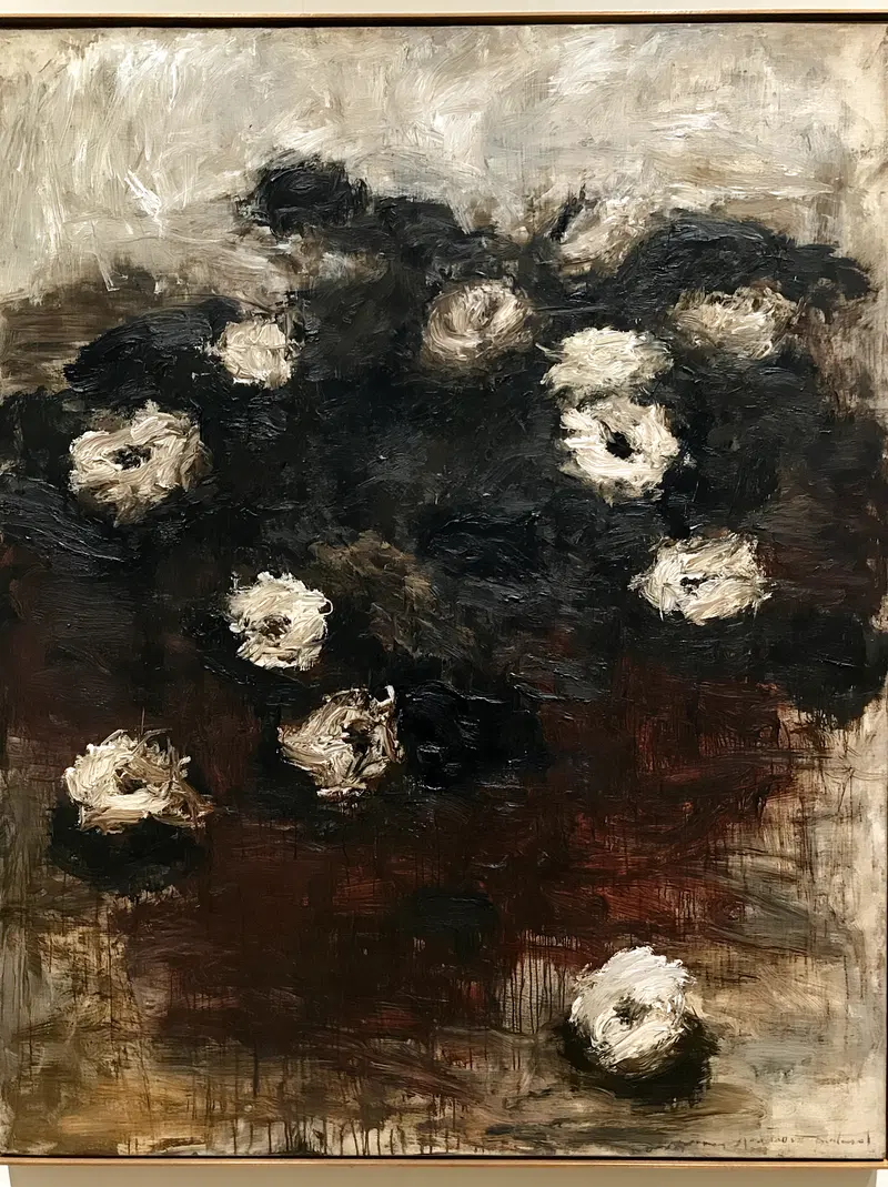 Abstract oil painting of flowers with dark and earthy tones