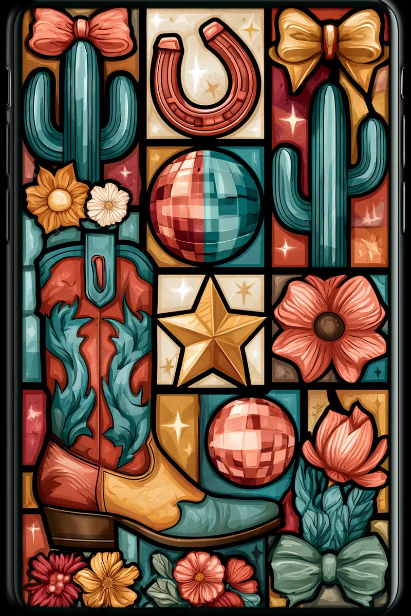 Stained glass style composition featuring western boots, cacti, and floral elements