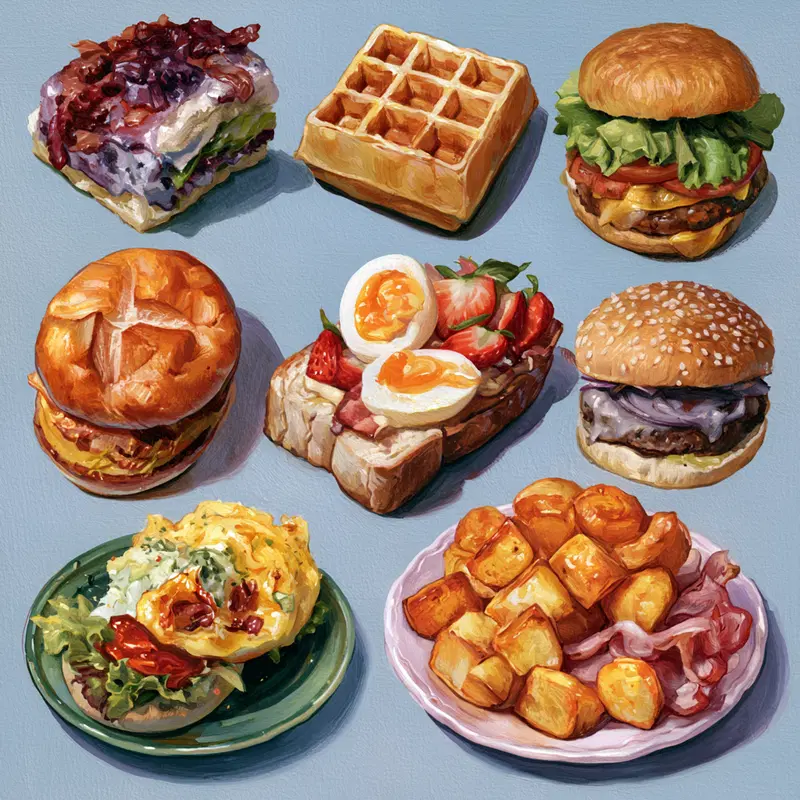 Detailed painting of various breakfast and burger foods on a blue background