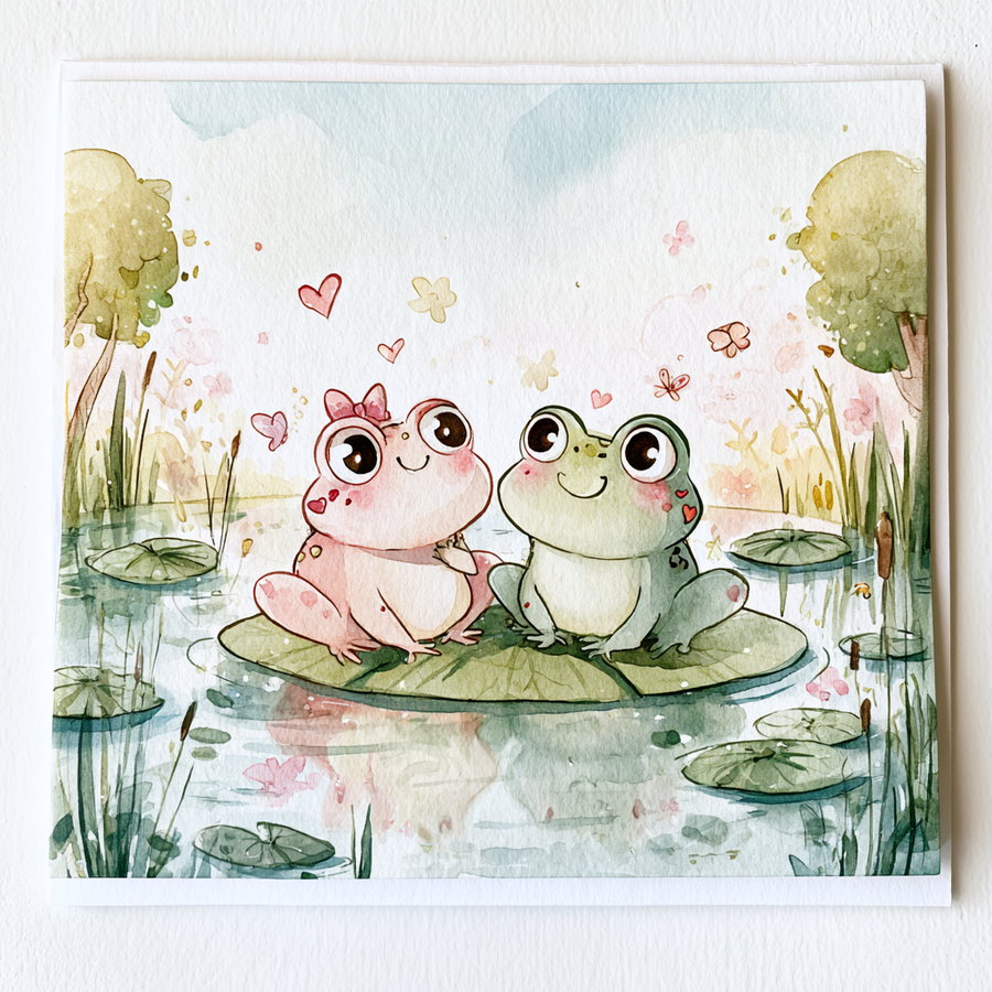 watercolor painting featuring a pink frog with a bow and a green frog sitting on lily pads in a serene pond surrounded by plants and trees, with small hearts and butterflies around them
