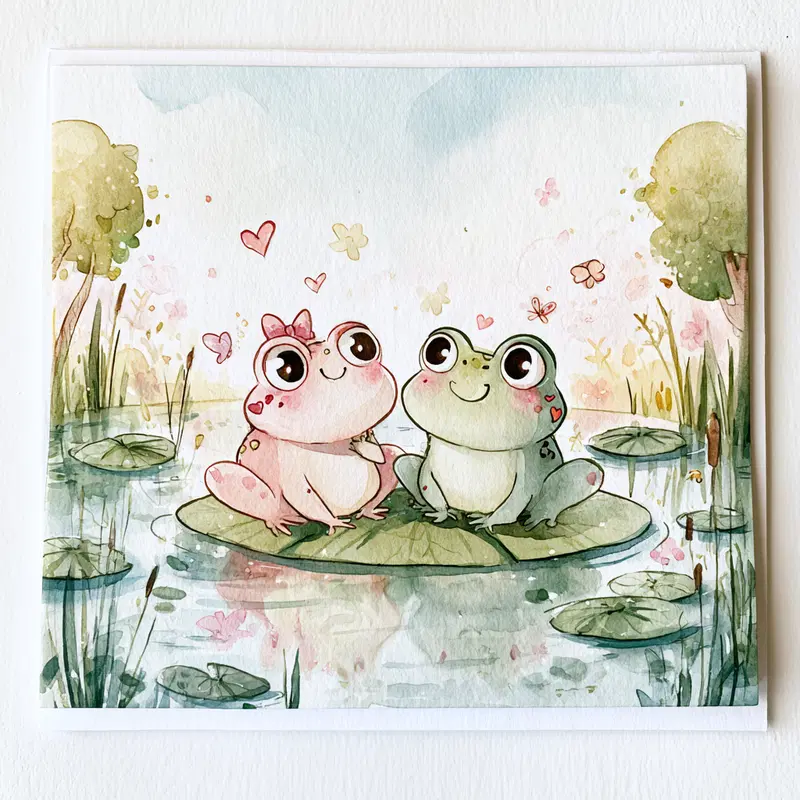 Whimsical watercolor painting of two cute frogs sitting on lily pads in a pond