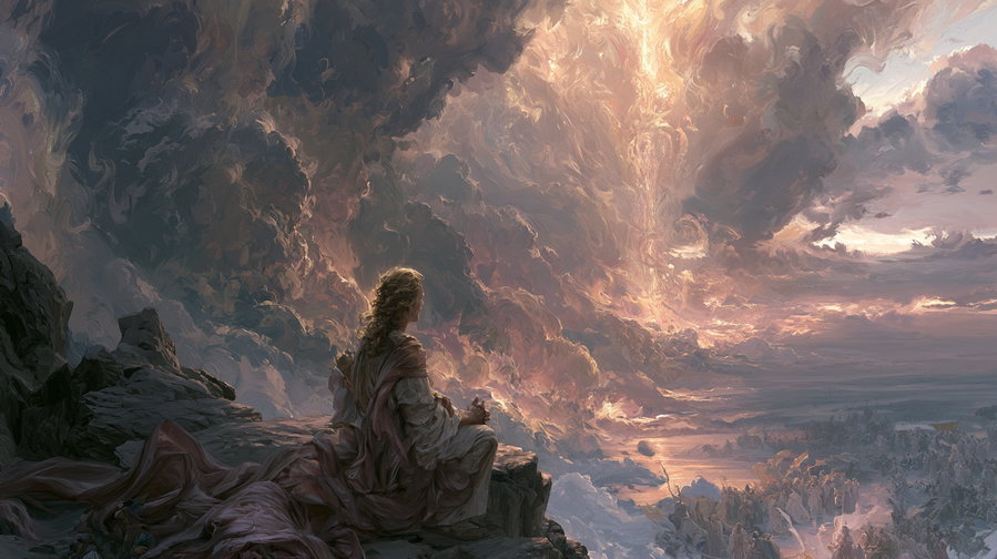 A person with long hair and flowing robes sitting on a rocky cliff, gazing at a massive sky with luminous, swirling clouds above a distant horizon.