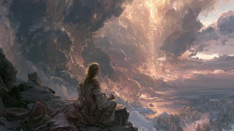 A contemplative figure overlooking a vast, dramatic sky filled with swirling clouds and radiant light