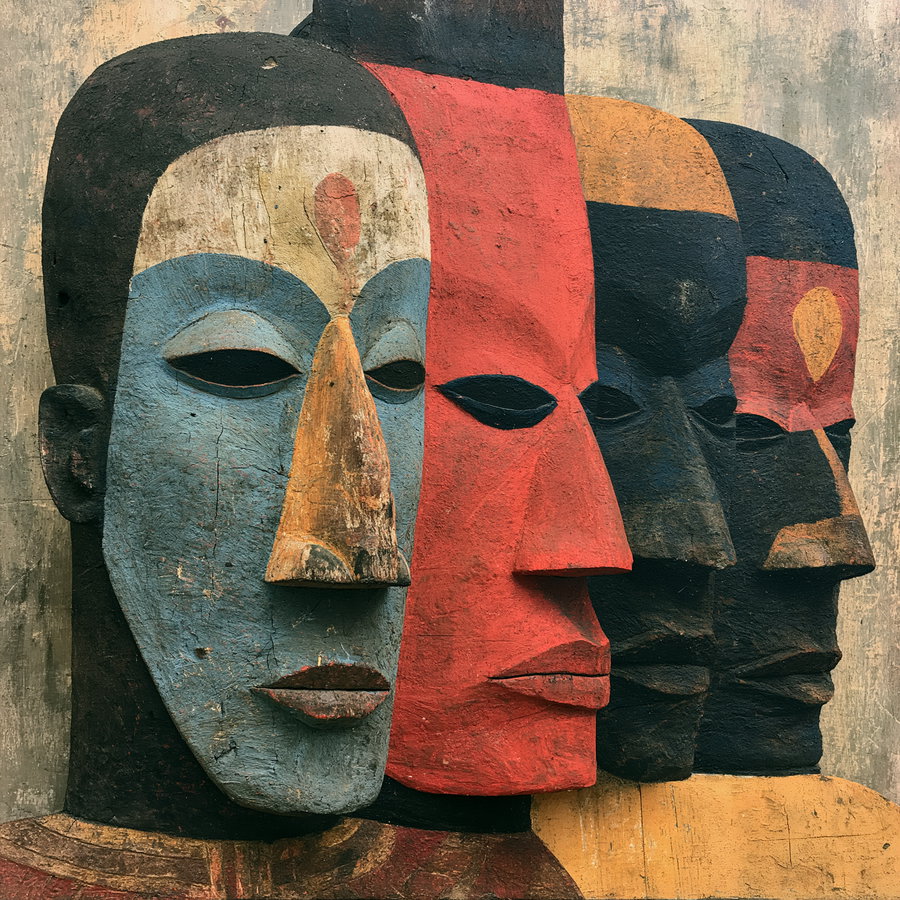 A close-up image of four wooden masks arranged side by side with prominent noses and painted in blue, red, black, and orange colors against a textured background