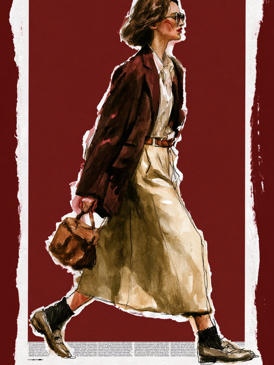 Illustration of a woman walking wearing a brown coat, beige skirt, white shirt, brown belt, sunglasses, and holding a brown handbag against a dark red background with white border.