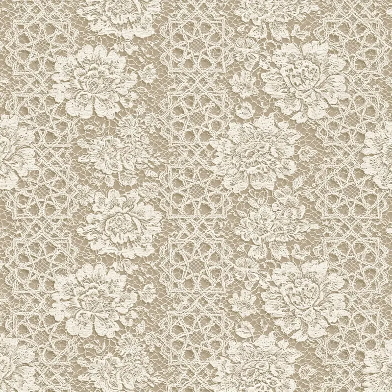 Intricate beige lace fabric featuring floral and geometric patterns