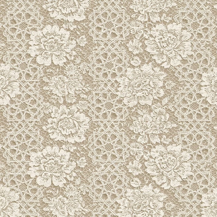 Close-up image of beige lace fabric with detailed floral and lattice designs