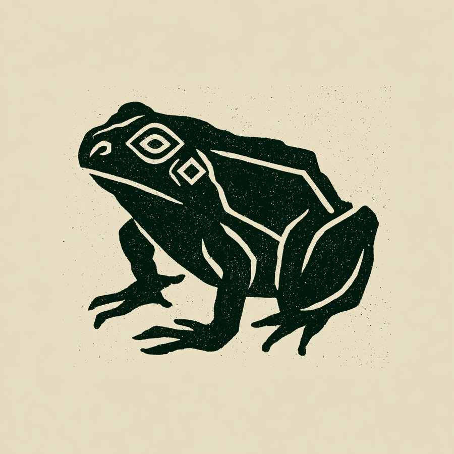 A black frog illustrated in a stylized, tribal-like design on a beige background, featuring geometric white line patterns on its head and body.