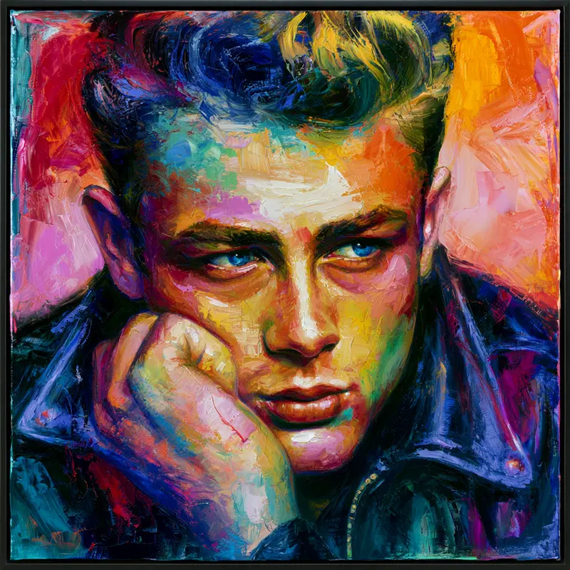 Expressive oil painting portrait of a man with intense blue eyes and colorful tones