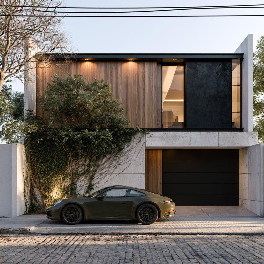 Two-story modern house with concrete and wooden elements, large windows, greenery climbing on the wall, and an olive green sports car parked in front