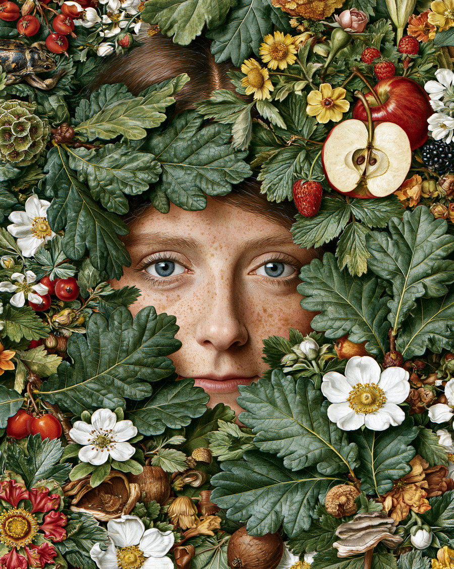 A realistic face of a young person with blue eyes and red hair is partially hidden among numerous green leaves, white and yellow flowers, red berries, an apple half, and other natural elements.
