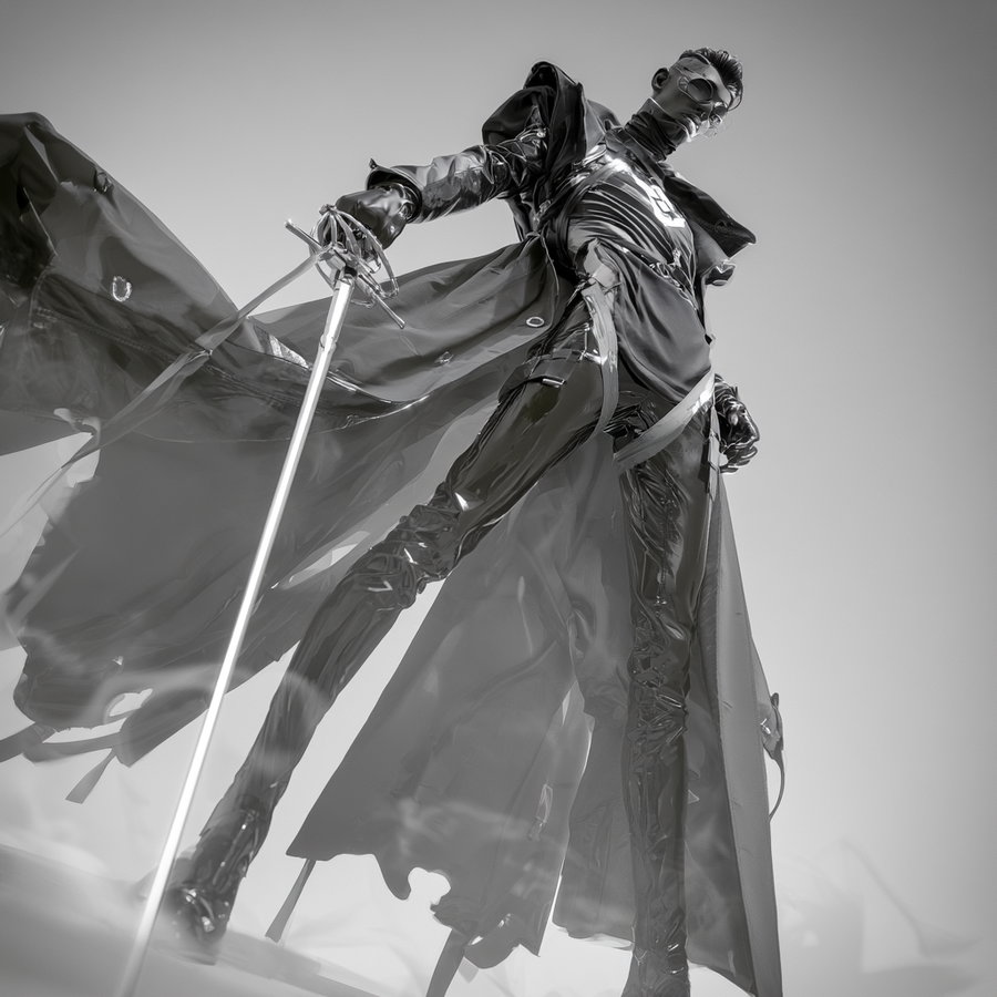 A person wearing a long flowing coat, shiny high boots, gloves, and sunglasses holding a sword, viewed from below against a plain sky background in black and white