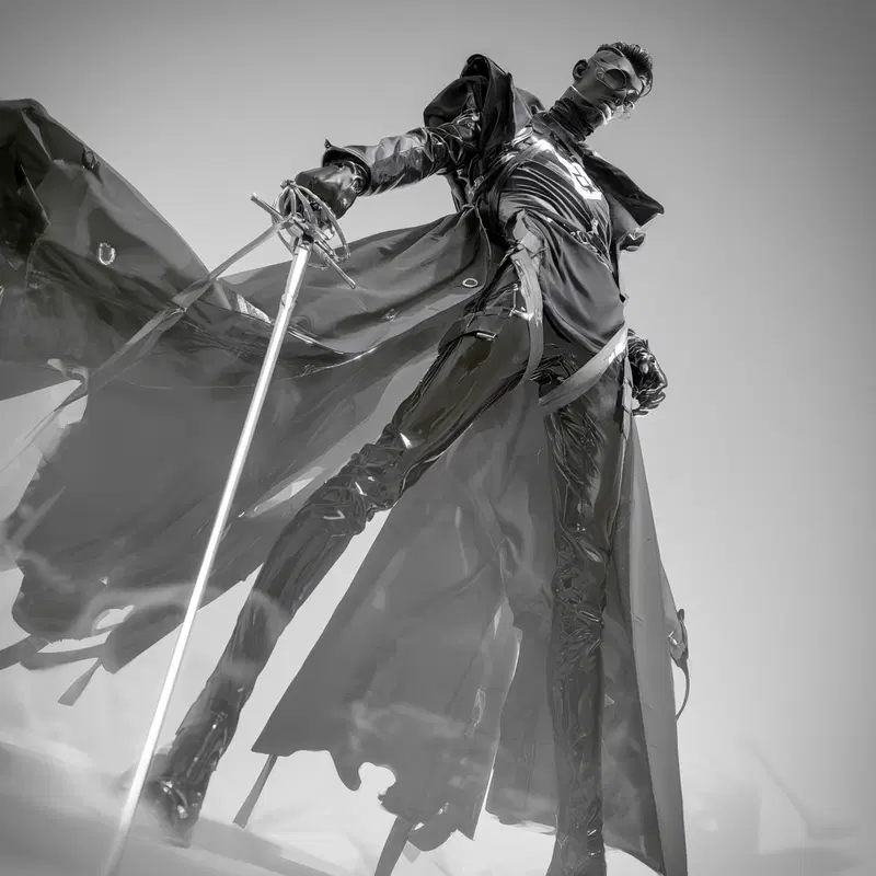 Dramatic low angle shot of a figure in futuristic dark attire with sword