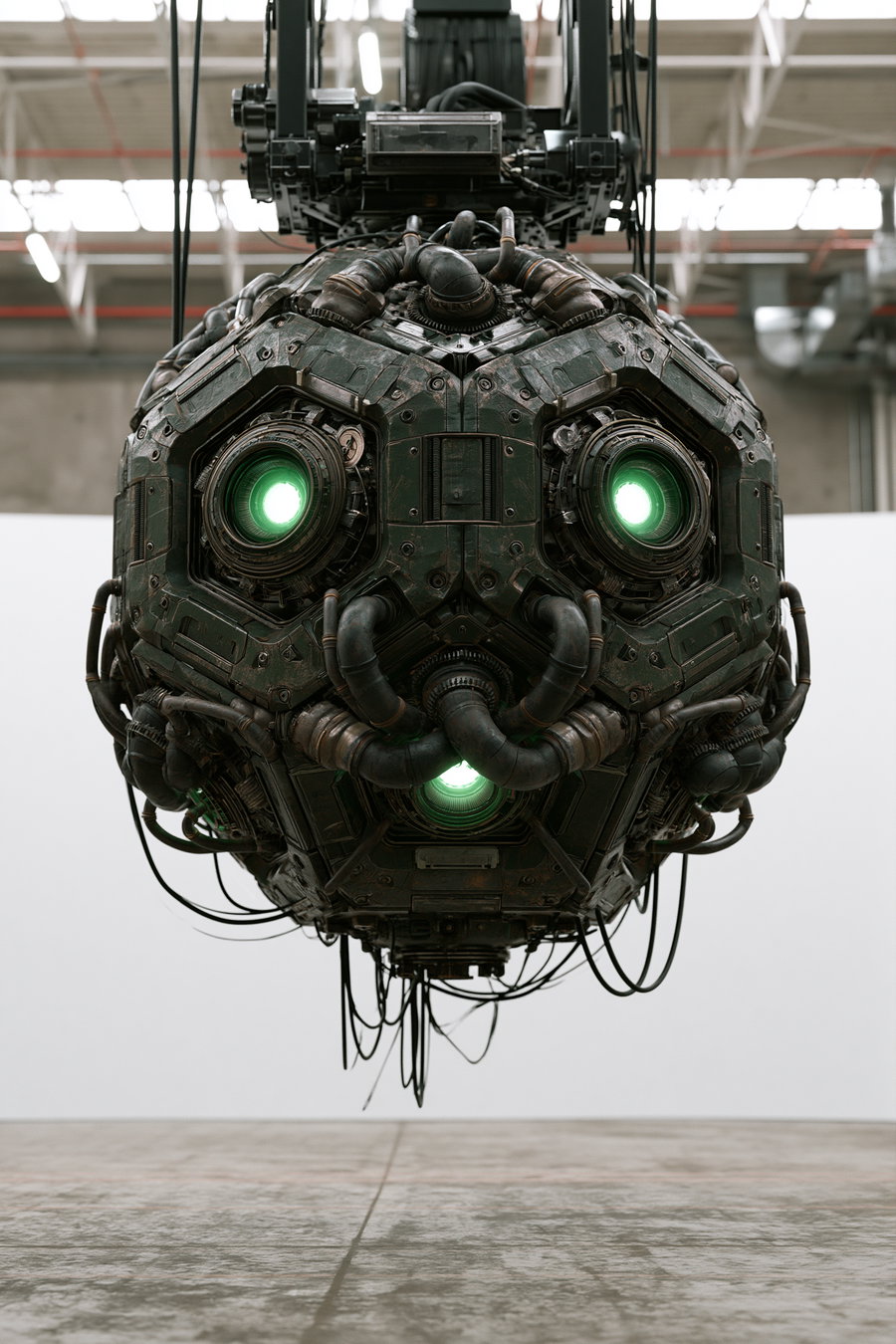 A detailed spherical robot with mechanical and pipe components, glowing green circular lights, suspended in an industrial indoor setting with concrete floor and high ceiling