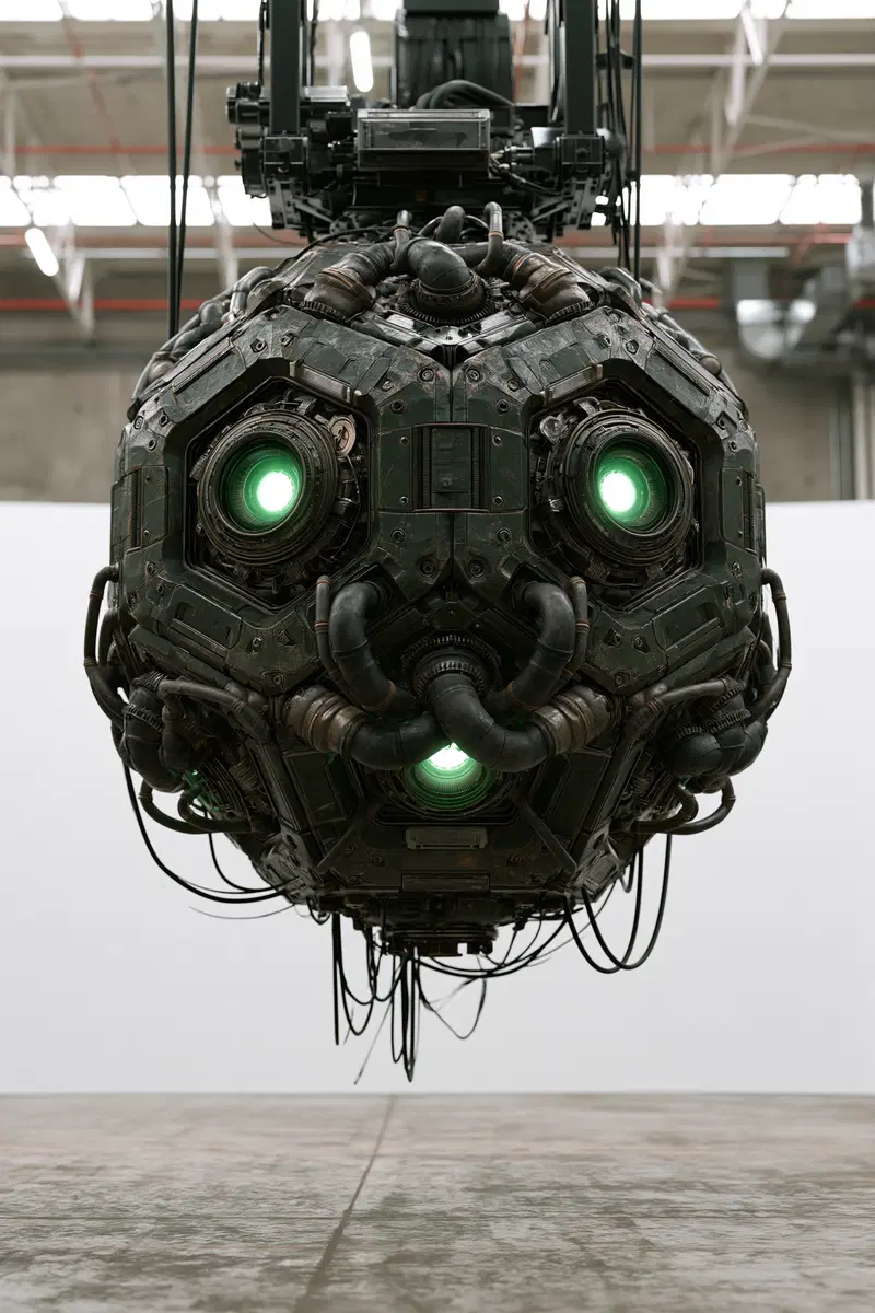 Intricate floating sci-fi robotic sphere with glowing green lights in industrial space