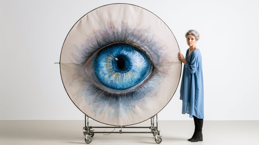 A woman in a blue dress stands beside a large circular canvas on wheels, displaying a hyper-realistic blue human eye with detailed eyelashes and iris