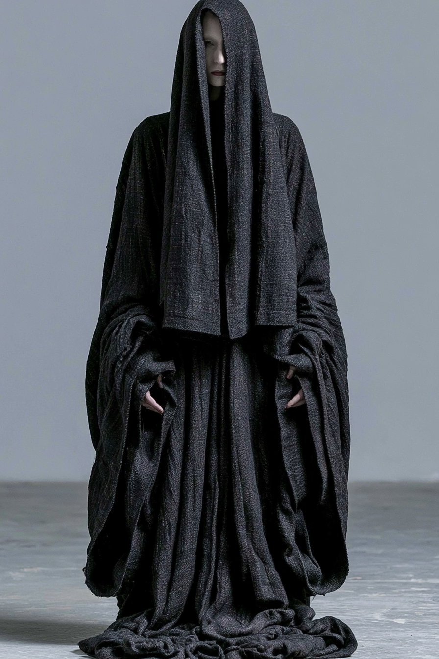 A person completely covered in loose, dark textured fabric that envelops their entire body and head, leaving only part of the face visible, standing against a plain gray background