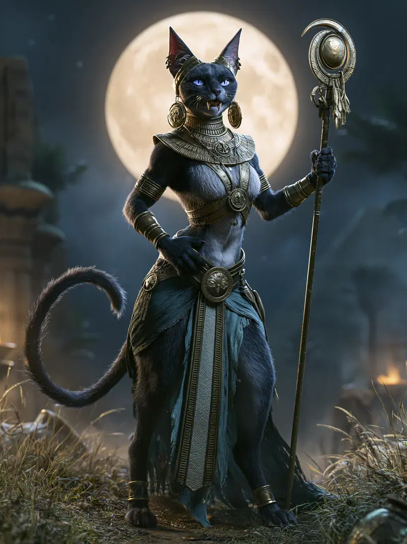 Regal anthropomorphic black cat dressed as an ancient priestess under a full moon
