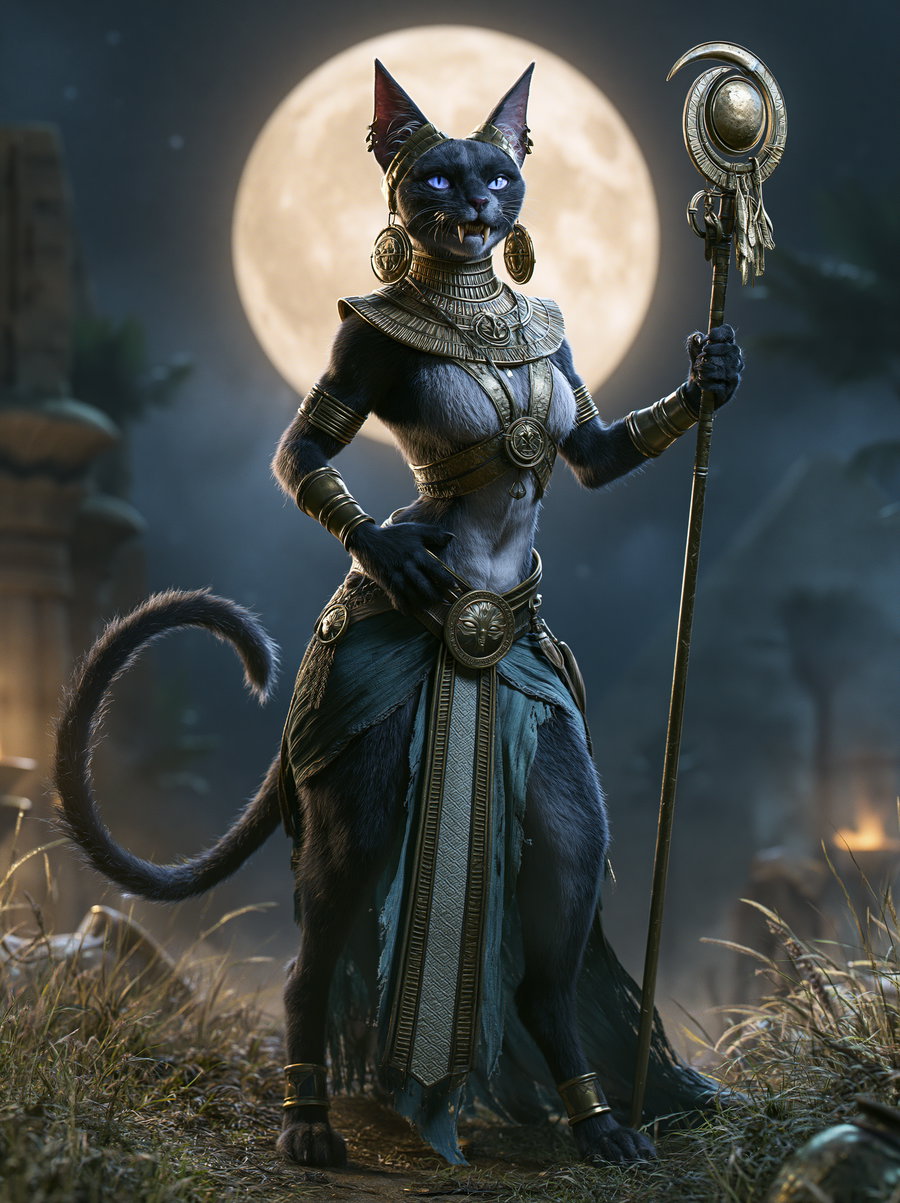 anthropomorphic black cat standing with a staff wearing ornate ancient gold jewelry and a tattered blue skirt in an outdoor setting at night with a large glowing full moon in the background