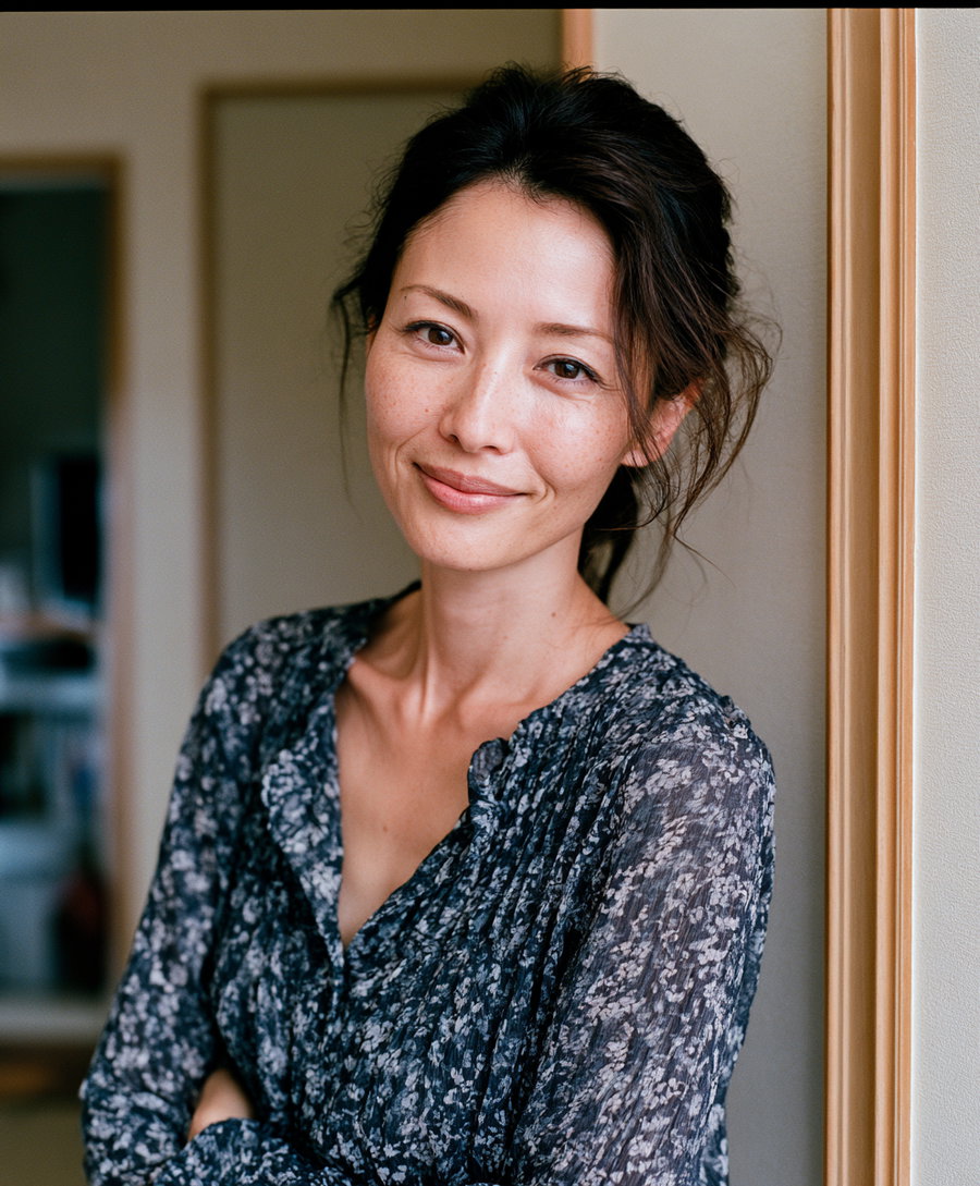 A woman with dark hair pulled back, wearing a long-sleeved floral patterned blouse, smiling softly with arms crossed, standing indoors near a beige wall and doorframe