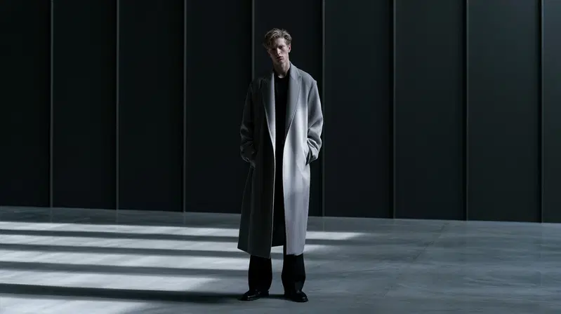Man standing in modern minimalist space wearing stylish long coat