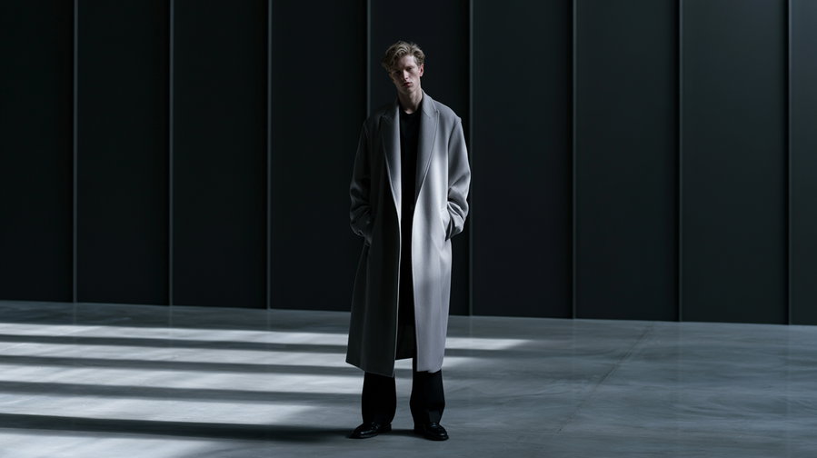 Young man with hands in pockets wearing long gray coat and black clothing underneath, standing on a polished concrete floor with dark vertical panels in the background and striped light shadows on the floor