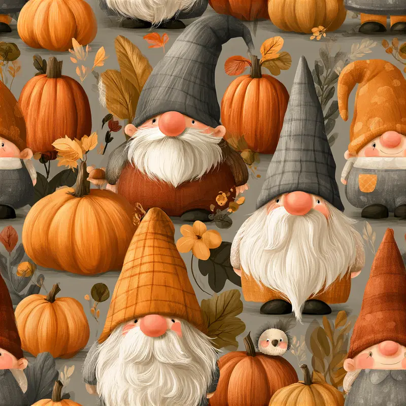Whimsical autumn gnomes with pumpkins and fall foliage in warm tones