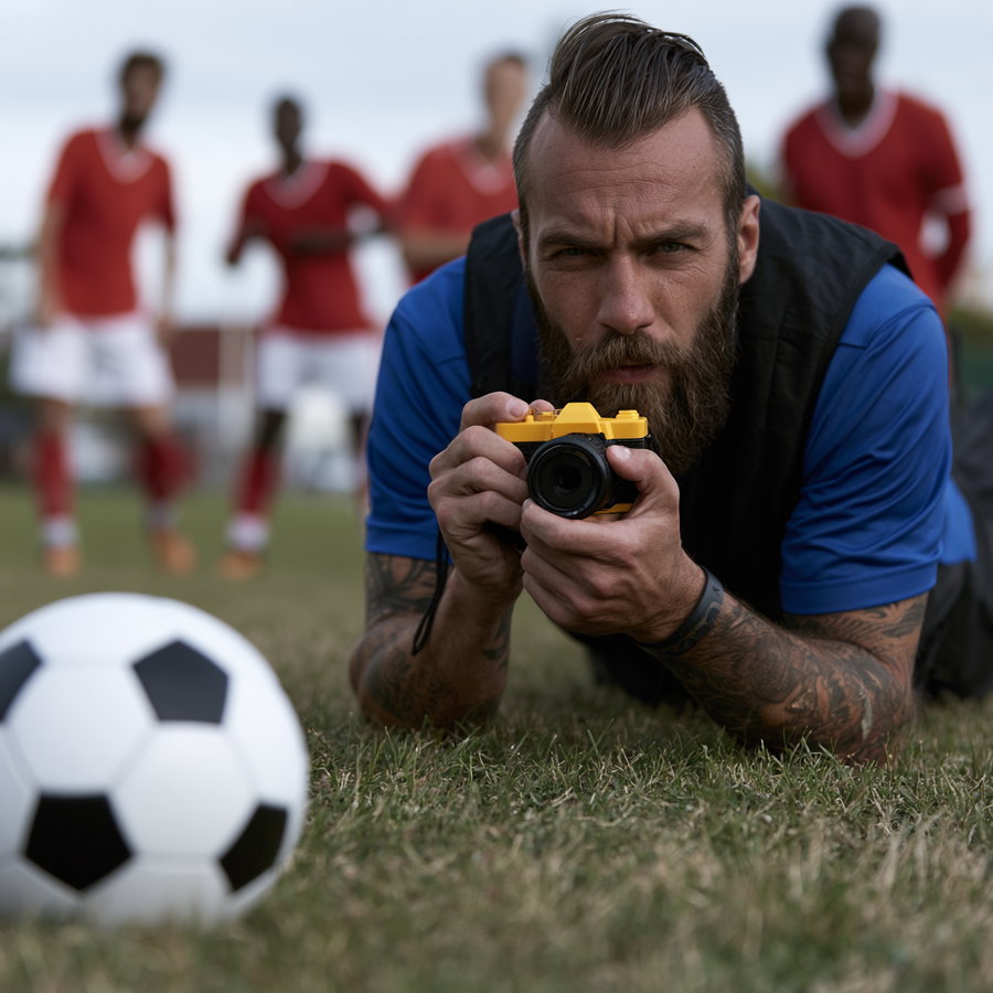A man with a beard and tattoos lying on the grass holding a yellow camera, with a soccer ball in the foreground and four soccer players in red jerseys blurred in the background