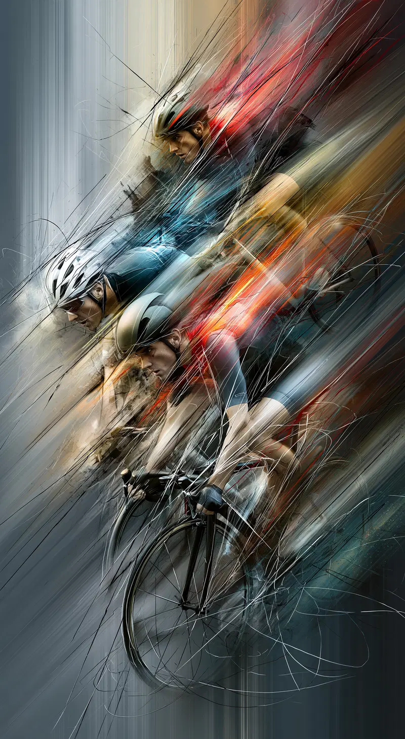 Dynamic digital painting of three cyclists racing in motion