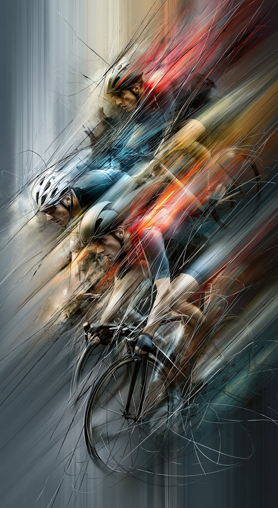 Digital artwork depicting three cyclists with helmets and racing clothing captured in an intense, motion-filled scene with blurred lines and abstract strokes conveying speed.