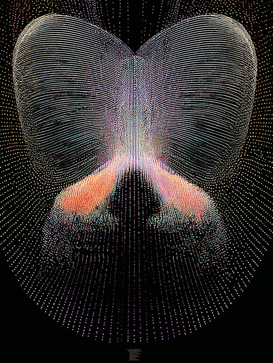An abstract digital composition with a black background featuring numerous small, colorful dots and flowing lines arranged symmetrically to create the shape resembling butterfly wings with delicate details and gradients