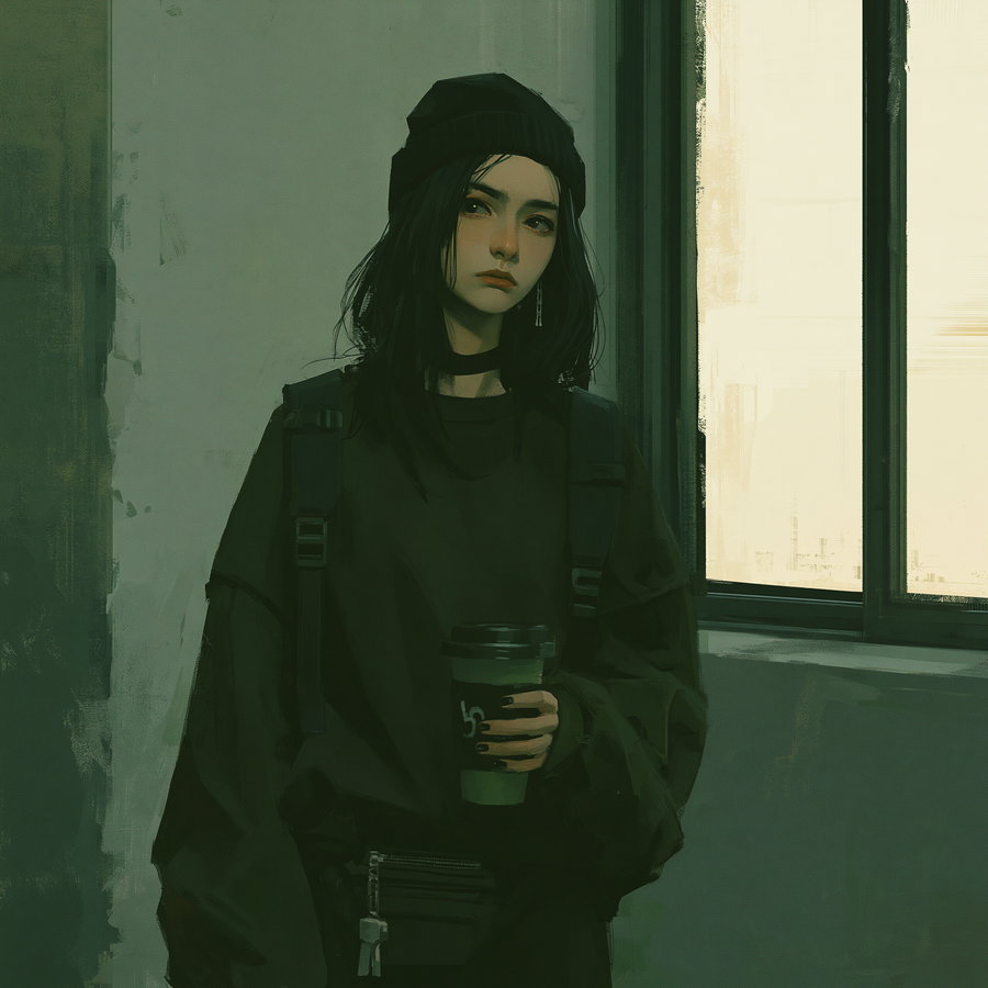 Digital painting of a woman with long dark hair wearing a black beanie, oversized dark sweater, and backpack, holding a cup in front of a window with soft light