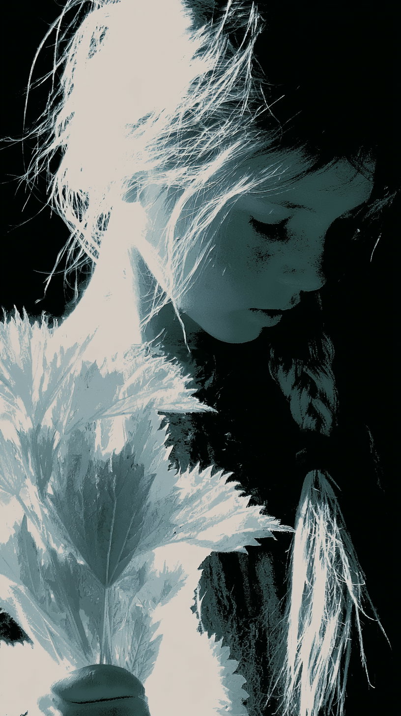 Profile of a woman with a braided hairstyle holding large leaves, shown in high contrast dark and light tones