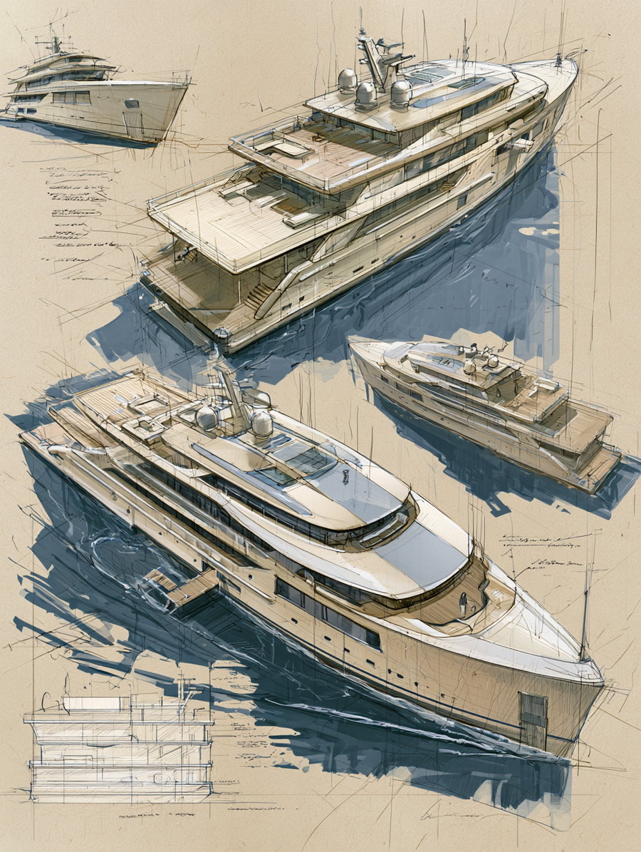 Sketches and drawings of a large, modern yacht shown from different perspectives on a tan background