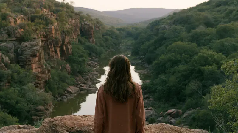 Person standing on rock overlooking a river canyon surrounded by green hills