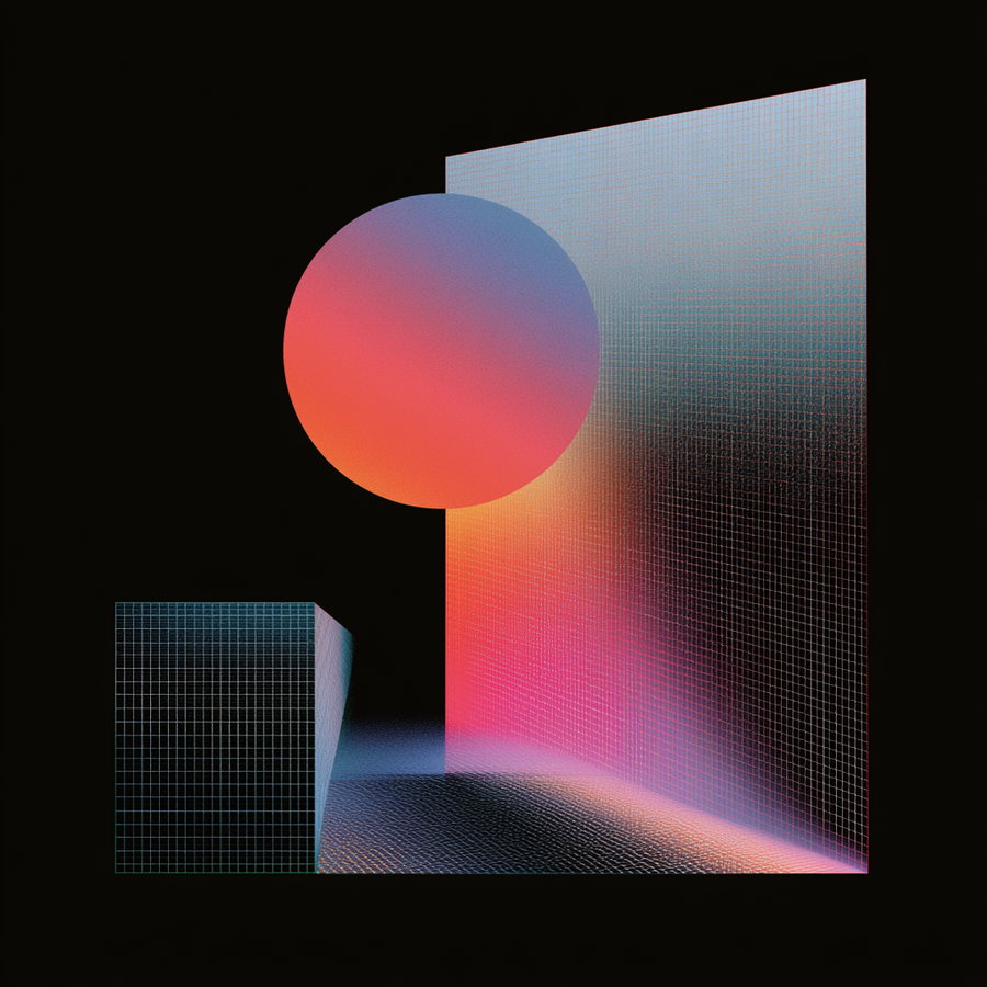 A 3D abstract composition featuring a spherical gradient shape and two rectangular grid-patterned surfaces with colorful reflections against a black background