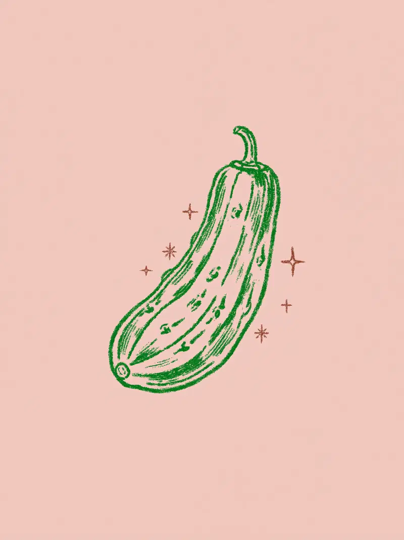Minimalist illustration of a green cucumber with decorative sparkles