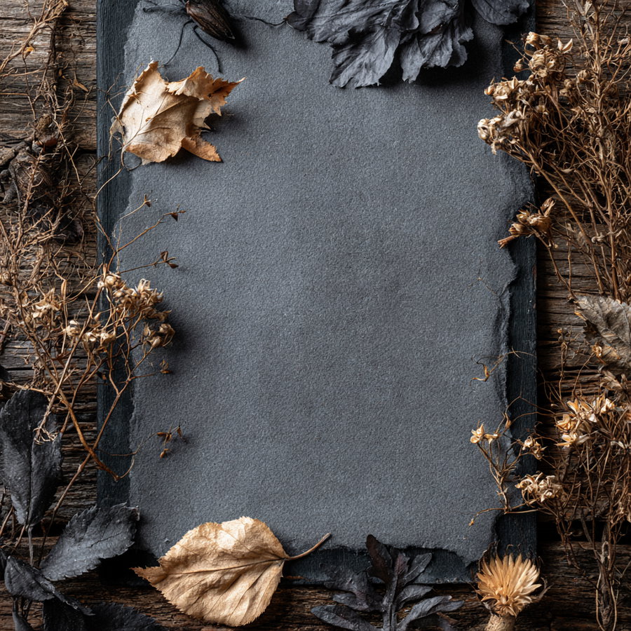 A piece of textured gray paper with rough edges placed on a wooden surface, framed by dry leaves and dried flowers in brown and dark tones