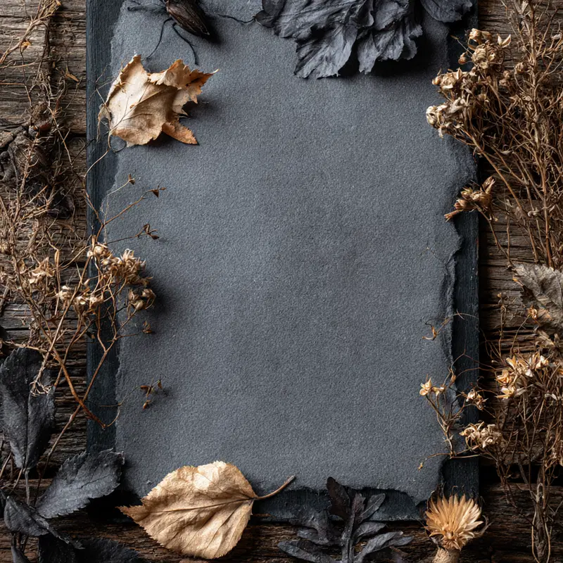Textured gray paper on wood surrounded by dried leaves and flowers