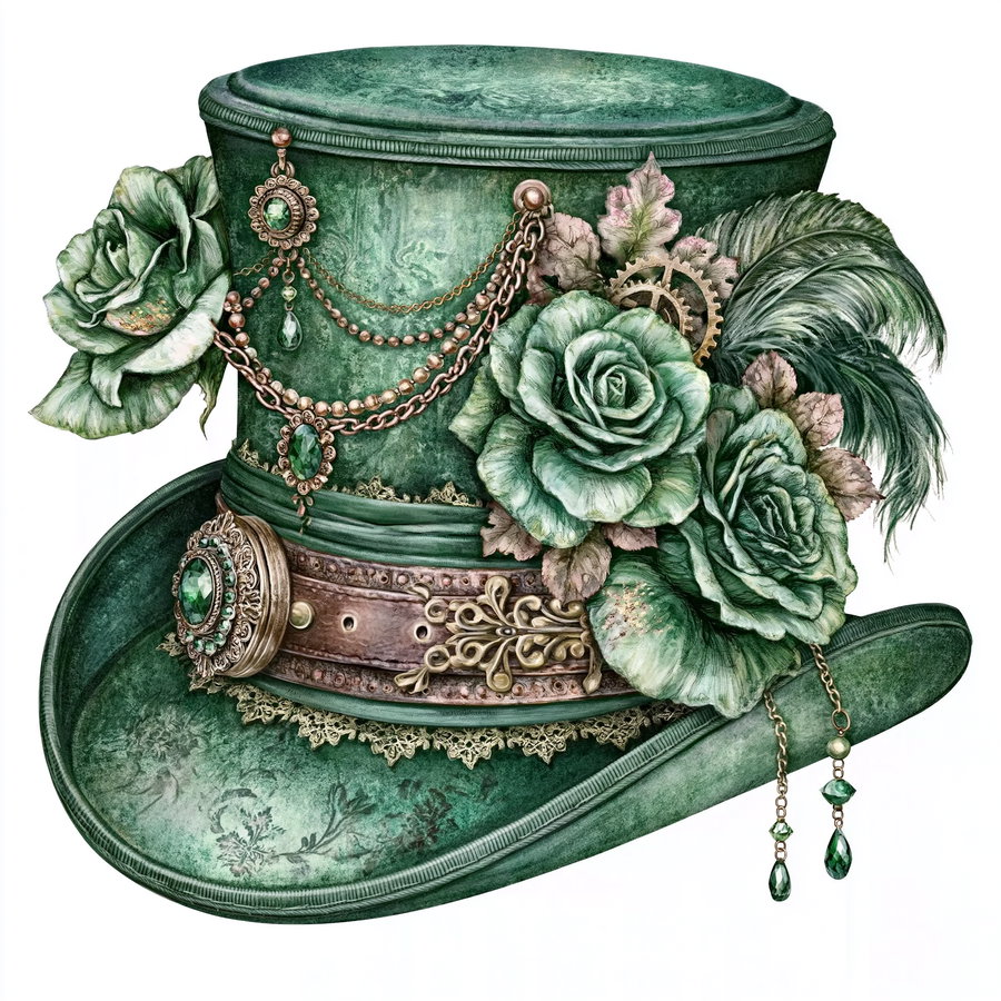 A detailed green steampunk top hat adorned with green roses, gold chains, gears, feathers, and ornate jewelry