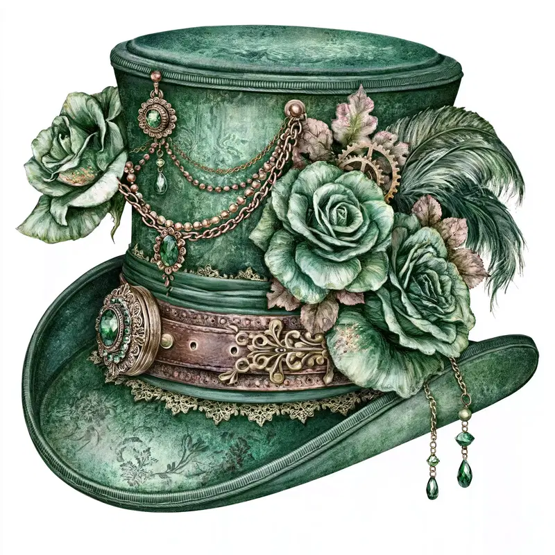 Intricately decorated green steampunk hat with floral and jewel embellishments