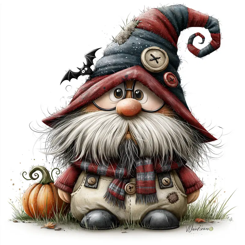 Whimsical illustration of a gnome with a patchy hat and a pumpkin
