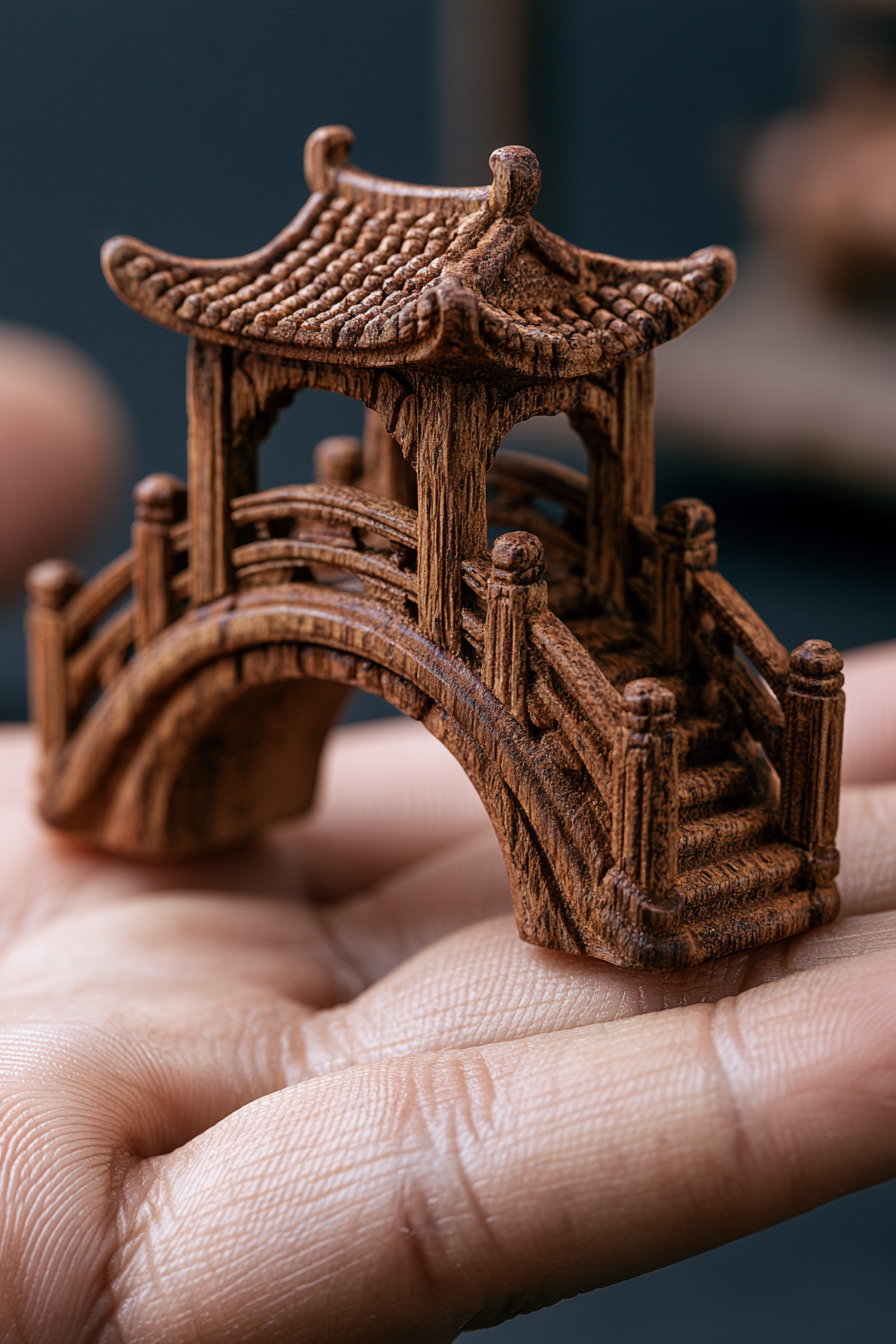 Close-up view of a small intricately carved wooden bridge with a pagoda style roof, placed on a person's palm