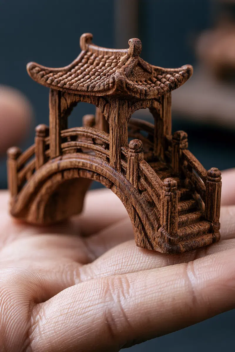 Detailed miniature wooden bridge with traditional Asian style roof held on palm