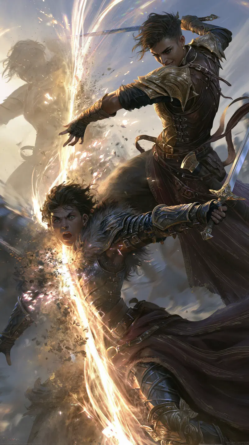 Dynamic battle scene between two armored warriors clashing swords fiercely