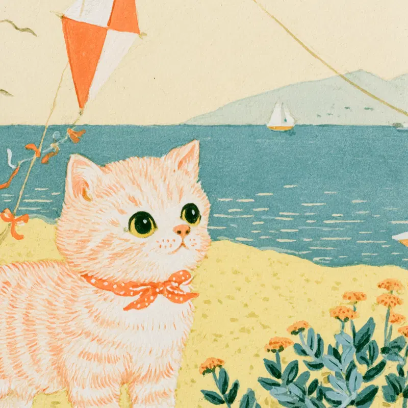 Illustration of a kitten on a beach with a kite and flowers