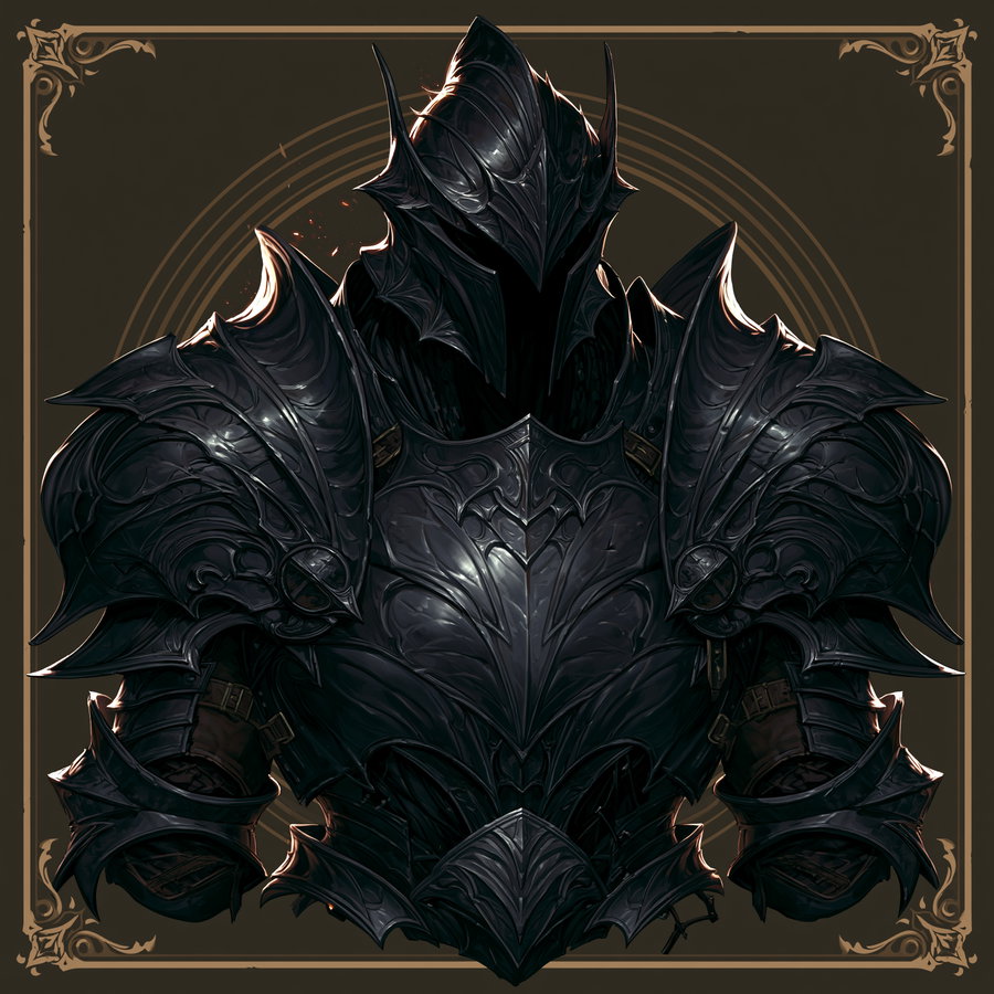 A detailed digital illustration of a dark, ornate suit of armor with sharp, angular shapes and intricate patterns, set against a dark brown background with decorative corners and a circular motif behind the figure.