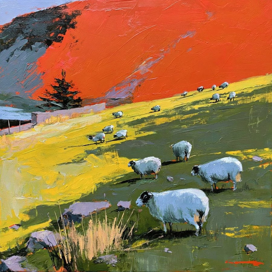 painting of sheep scattered across a sloping green and yellow field with scattered rocks, a few trees and a building in the background, and a large bold red-orange hill behind