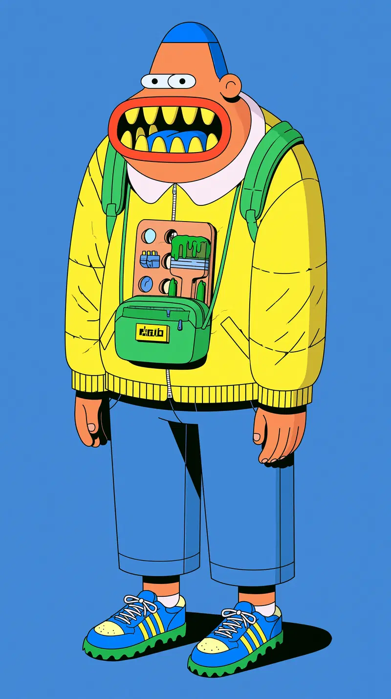 Colorful cartoon character wearing casual streetwear standing on blue background